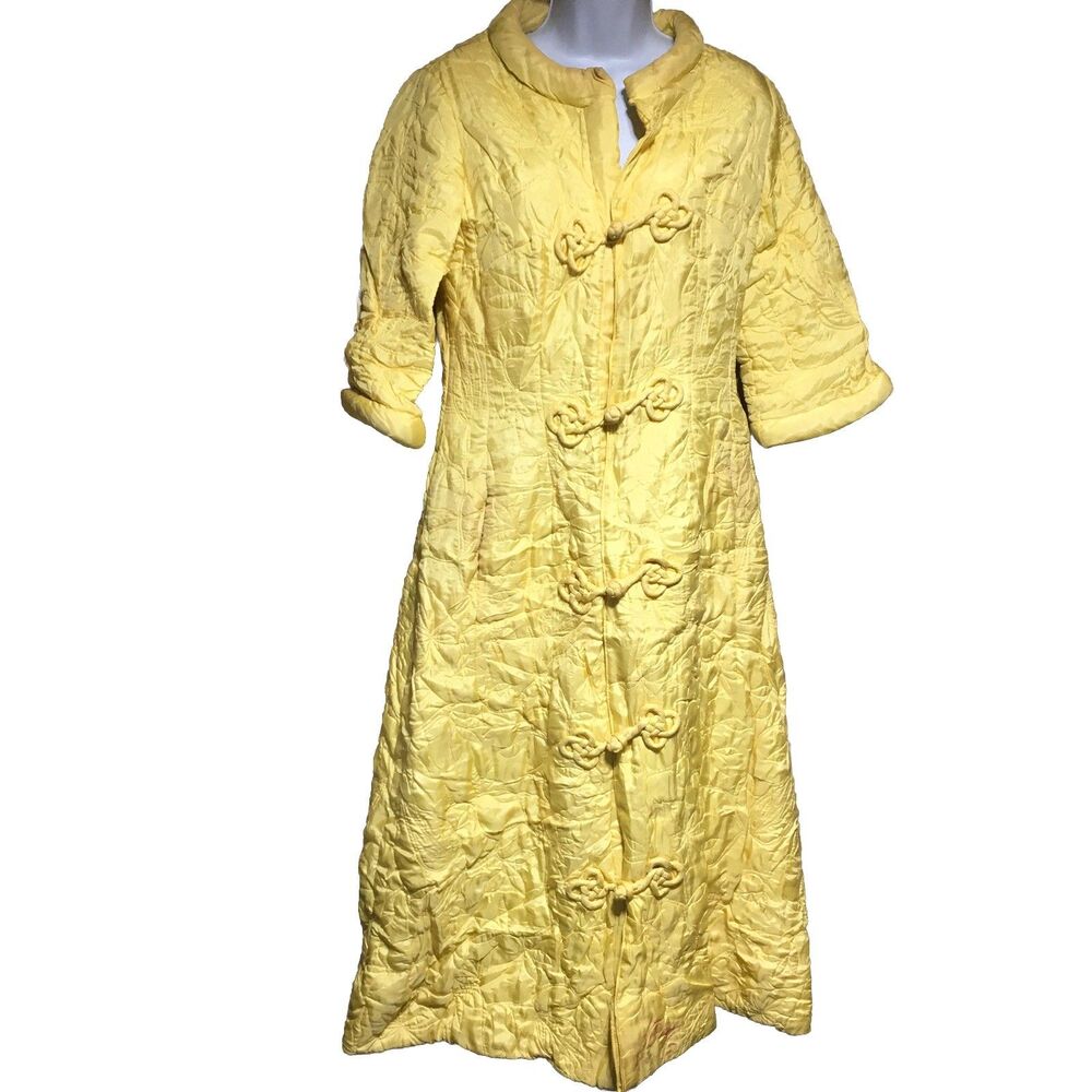 MCM Dynasty Hong Kong  Yellow Quilted Silk Robe Mandarin Collar Frog Closures